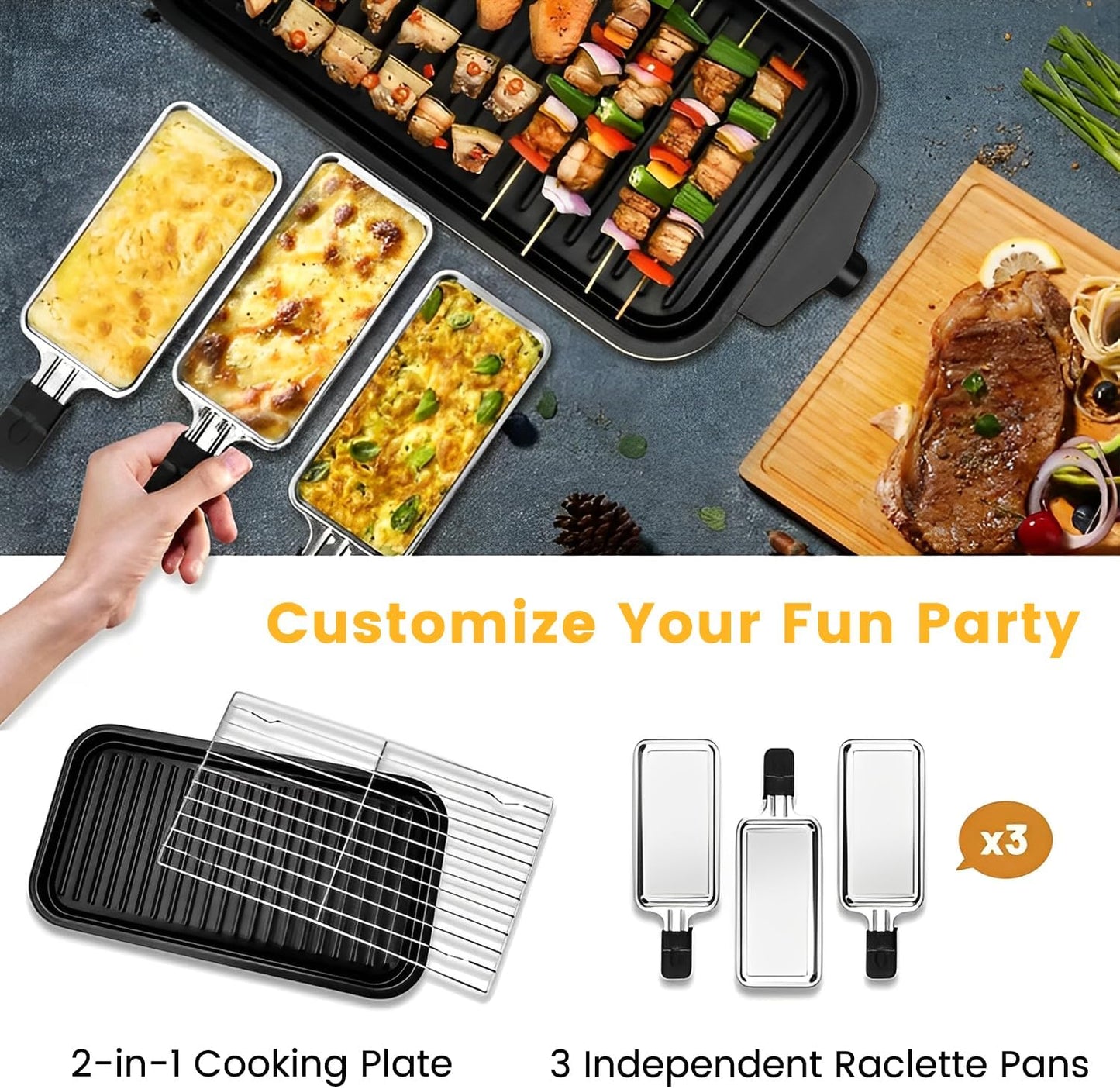 Electric Indoor Grill 1500W, YOHAWJAN 2 in 1 Smokeless Indoor Grills with Non-Stick Removable Grill & Griddle Plate, Temperature Control, Portable Korean BBQ Grill with 3 Raclette Cheese Pans