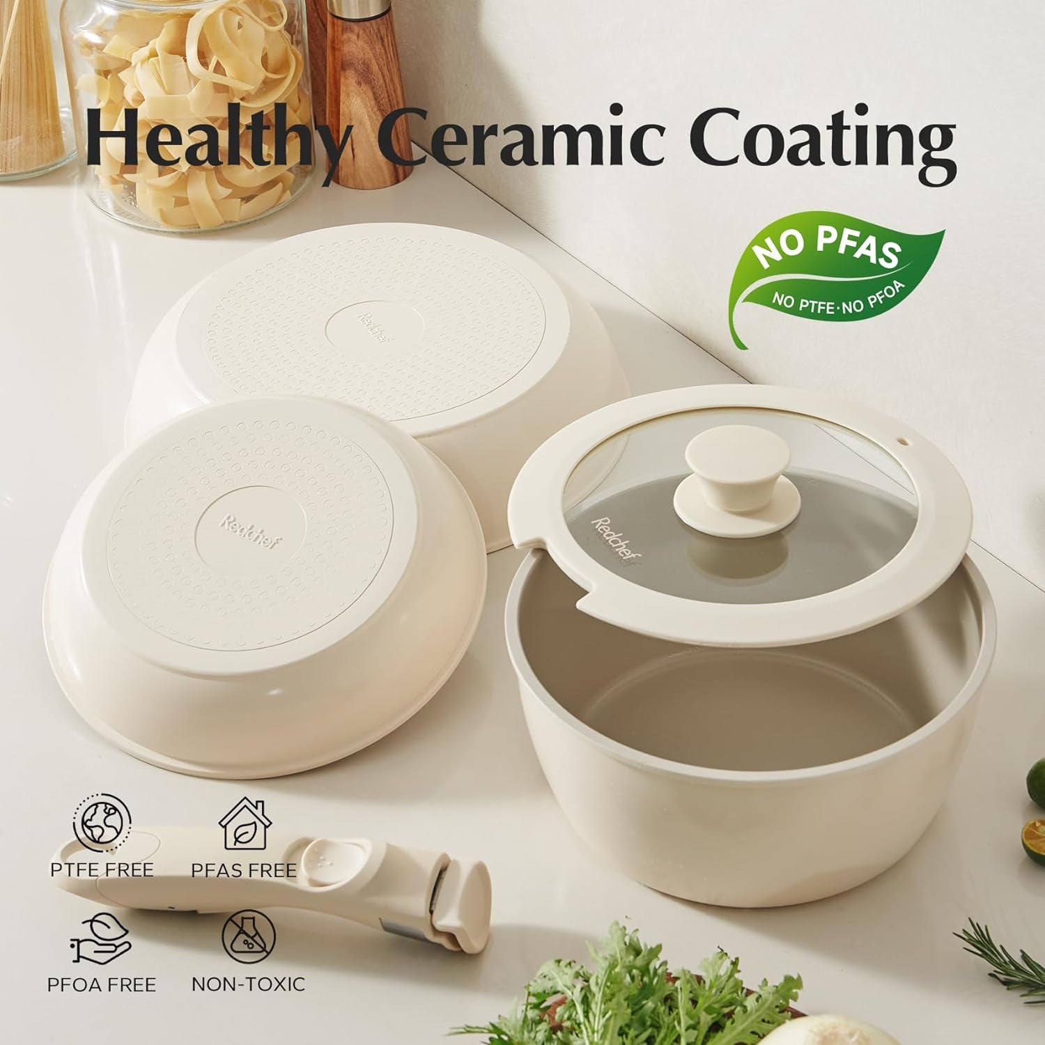 Redchef Ceramic Pots and Pans Set Non Stick, Nonstick Kitchen Cookware Sets, Non Toxic Pots and Pans Set Non Stick, PFAS PFOA & PTFE Free, Detachable Handle Pots and Pans 5 Piece, RV Cookware