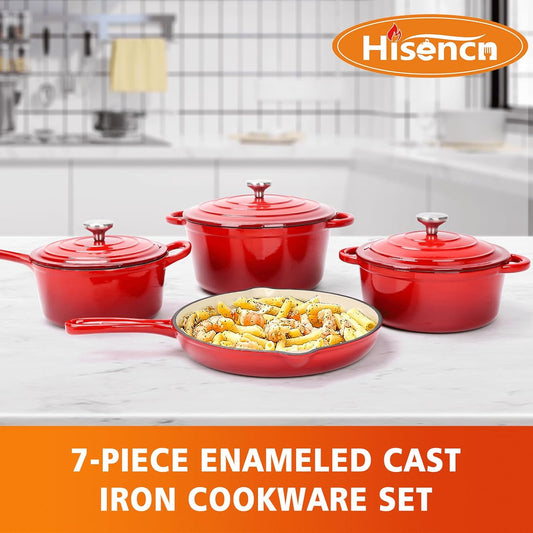 Hisencn Enameled Cast Iron Cookware Set - 7 Piece Set of Dutch Ovens, Sauce Pan, Skillet, 3 Lids, Dutch Oven Set, Ceramic Coated Cast Iron, Heavy Duty, Gas/Induction Compatible, PFA Free (Rouge Red)