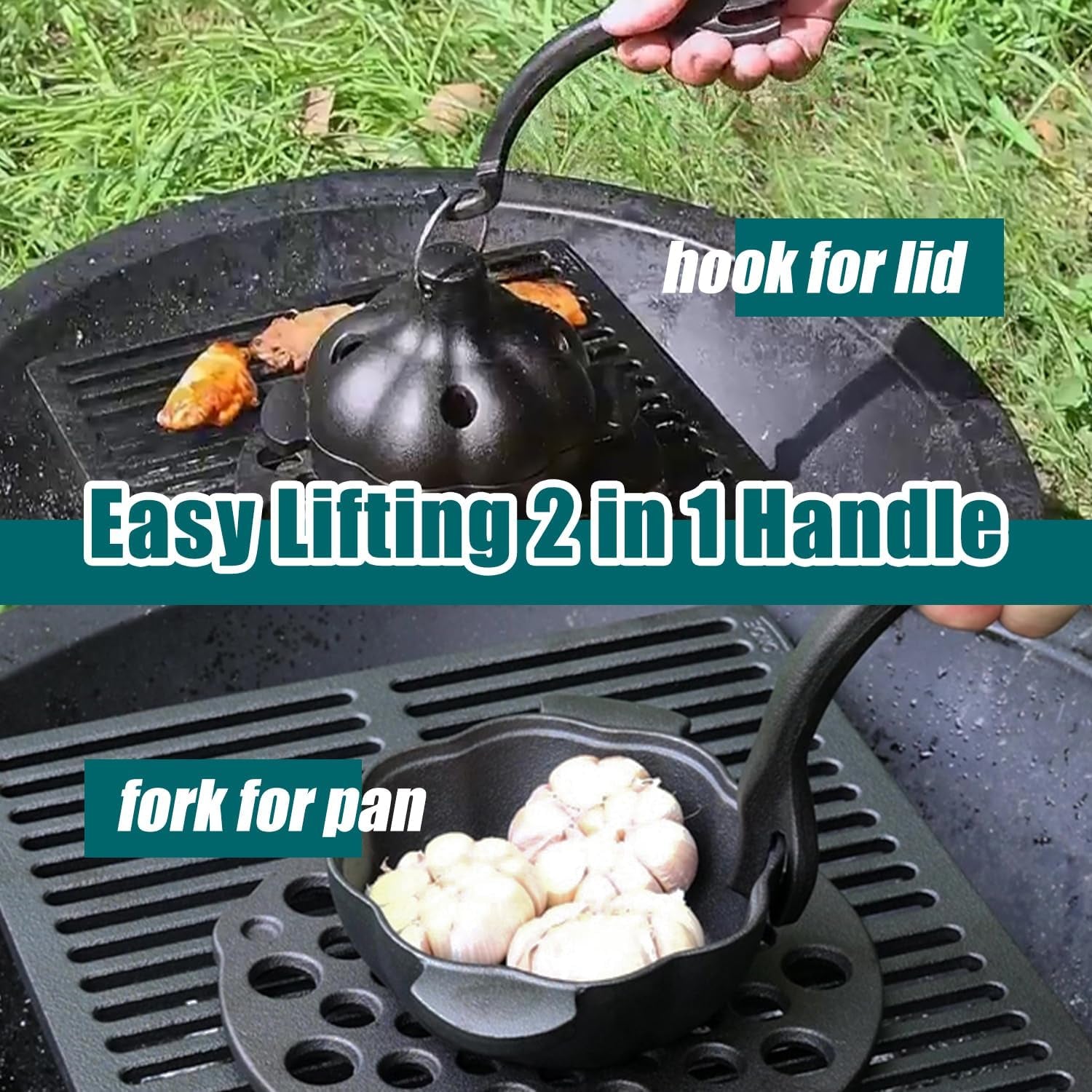 Cast Iron Garlic Roaster with Handle, Smoker Roaster, Garlic Cooker, Garlic Baker, Garlic Roasting Pot, Potato Baker, Mini Cocotte, Used in the Kitchen Oven or Outdoors on a BBQ Grill Stove