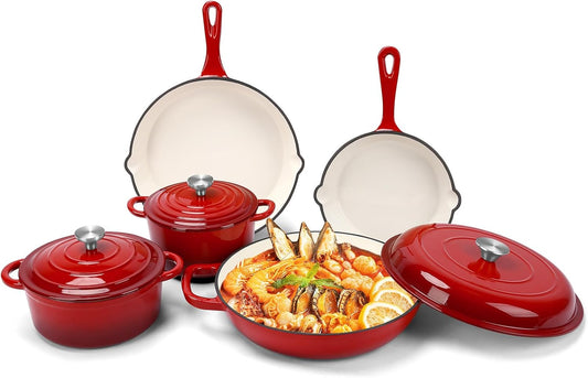 Nonstick Enameled Cast Iron Cookware Set, 8-Pcs Pots and Pans with Lid, Skillet, Frying Pan, Saucepan & Dutch Oven for All Stovetops, PFA Free - Ideal for Sourdough Bread Baking - Comes with Organizer
