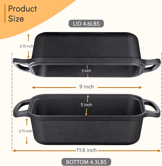 Grmimosa 2 in 1 Cast Iron Bread Loaf Pan with Lid, Loaf Pans for Baking Bread 9X5, Even Heat Distribution for Meatloaf, Homemade Bread