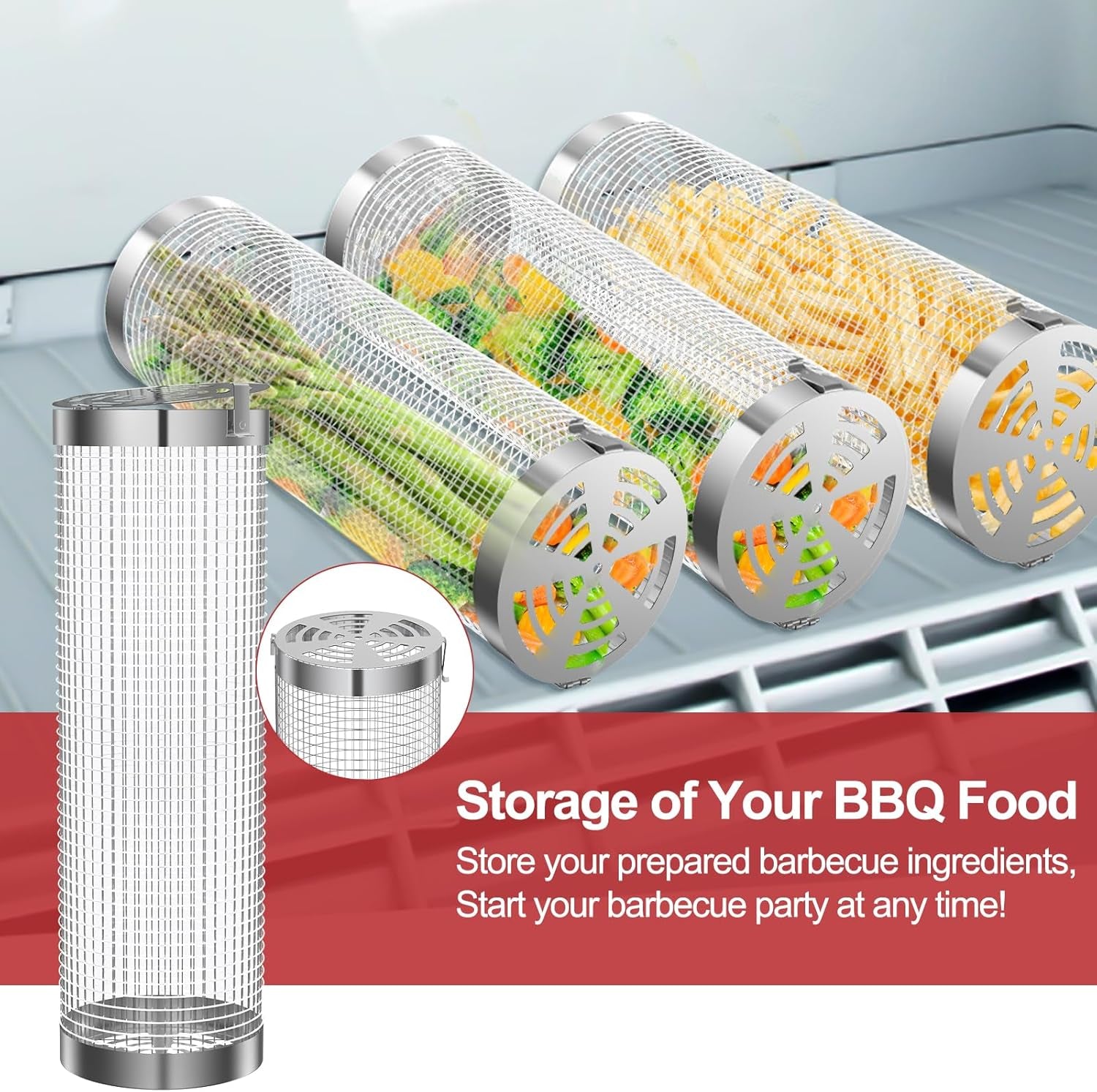 Grill Basket 2 PCS, Rolling Grill Baskets for Outdoor Grill, Grilling Accessories, Stainless Steel BBQ Net Tube Baskets with Oil Sprayer for Veggies, Shrimp, Grilling Gifts for Men