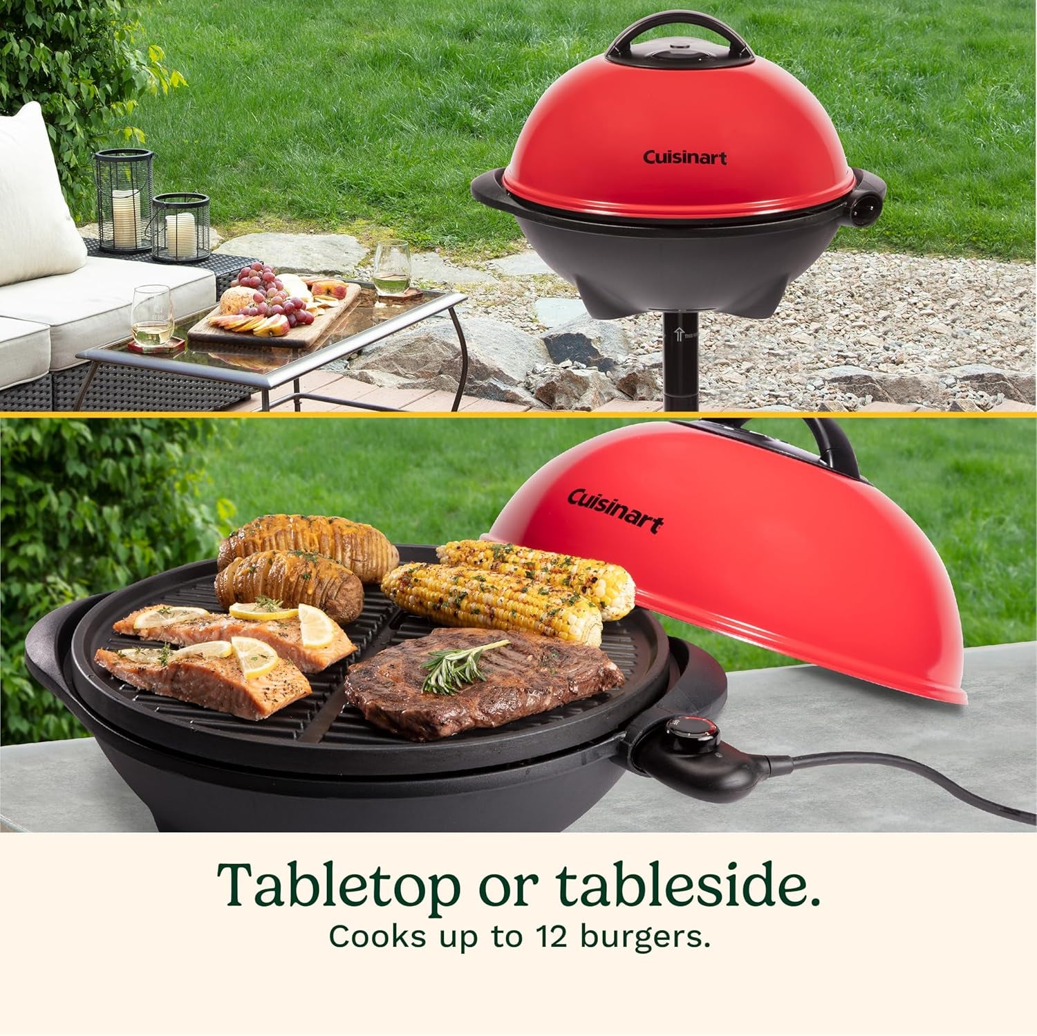 Cuisinart Indoor/Outdoor Electric Grill, 2-In-1 Portable BBQ with Non-Stick Cooking Surface, Electric Grill Outdoor with Adjustable Heat, Stand/Tabletop Options for Cookouts, Barbecues, Small Spaces