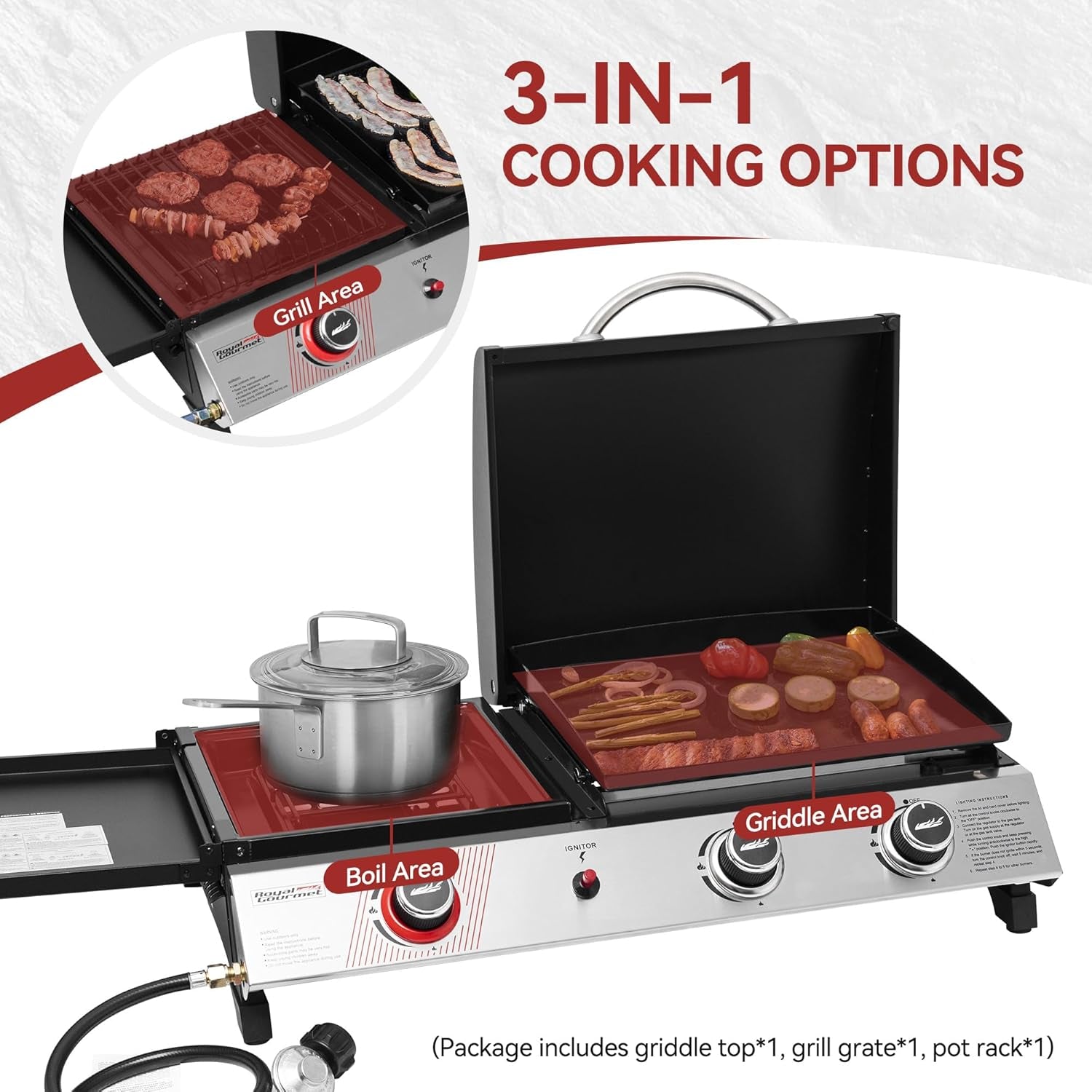 Royal Gourmet PD1305H 3-Burner Propane Gas Grill and Griddle Combo with Lid, 3-In-1 Grill Griddle Combo with 29,000 Btus Output for Outdoor Cooking, 364 Sq. In. Cooking Area, Silver & Black