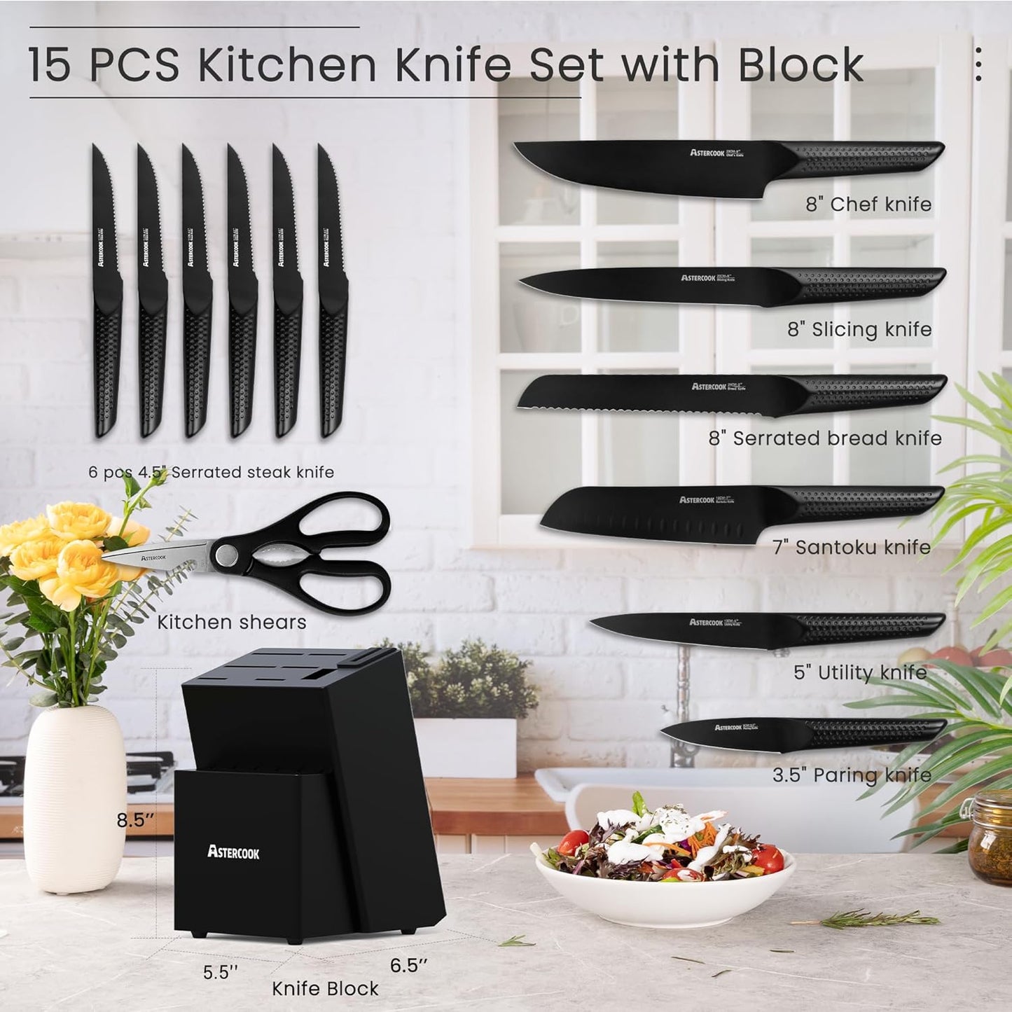 Astercook Knife Set, 15 Pieces Kitchen Knife Sets with Block and Built-In Knife Sharpener, German Stainless Steel Handle One-Piece Design Knives Block Set Dishwasher Safe, Black