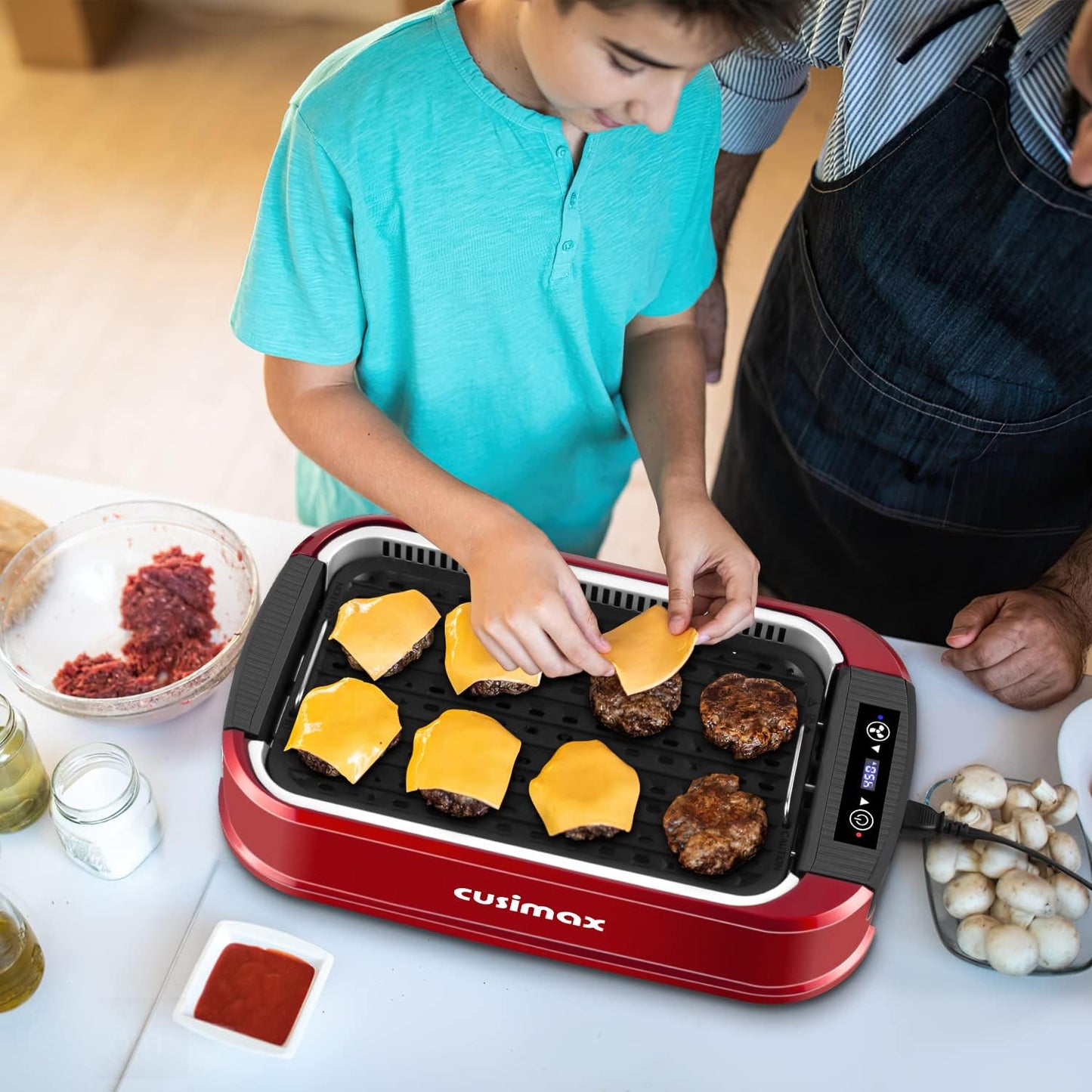Indoor Grill, CUSIMAX Smokeless Grill Indoor, Electric Grill Griddle, 1500W Korean BBQ Grill with LED Smart Display & Tempered Glass Lid, Non-Stick Removable Grill Plate & Griddle Plate, Red