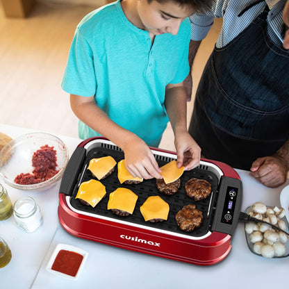Indoor Grill, CUSIMAX Smokeless Grill Indoor, Electric Grill Griddle, 1500W Korean BBQ Grill with LED Smart Display & Tempered Glass Lid, Non-Stick Removable Grill Plate & Griddle Plate, Red