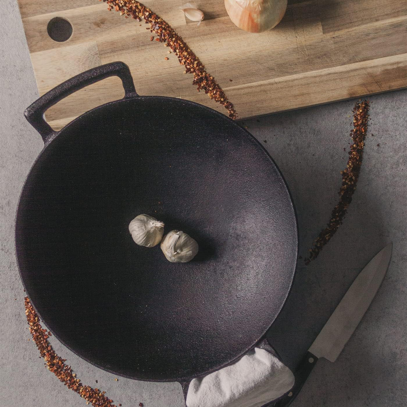 Backcountry Iron 14 Inch Cast Iron Wok with Flat Base and Handles