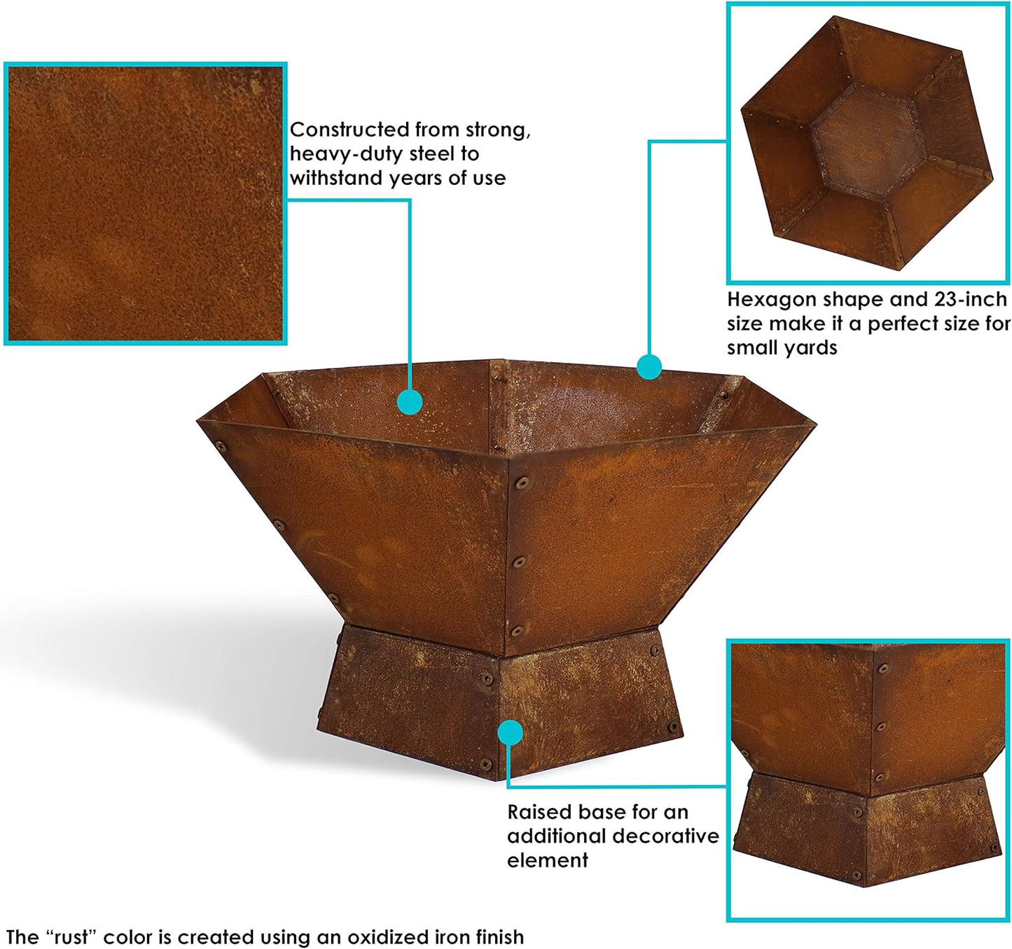 Sunnydaze Rustic Affinity 23-Inch Steel Raised Outdoor Fire Pit Kit with Oxidized Finish - Hexagon-Shaped