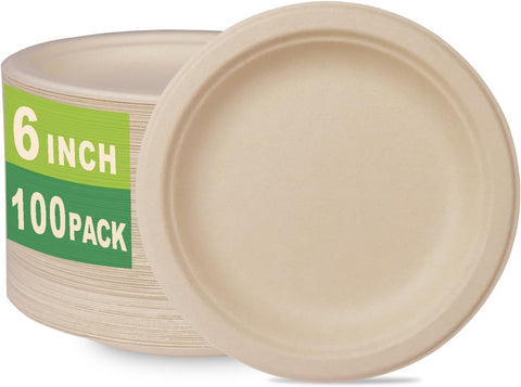 Image of Greenworks 100 Count 6“ Small Compostable Dessert Plates, Heavy-Duty Unbleached Biodegradable Bagasse and Bamboo Fiber Paper Plates