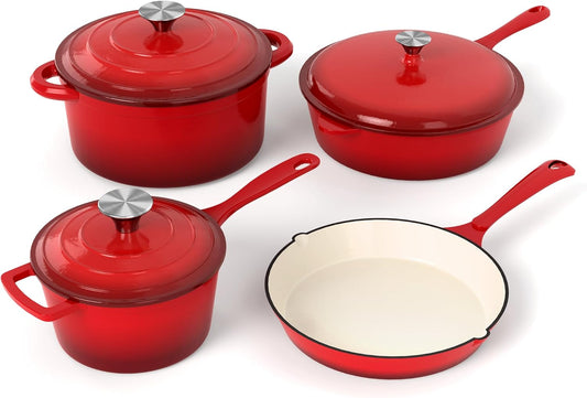 Kitchen Academy Enameled Cast Iron Cookware Set - 7 Piece Pots and Pans Set Nonstick - Skillet, Deep Frying Pan, Wok,Saucepan and Dutch Oven, Heavy Duty Oven Safe up to 500° F or on All Stovetop