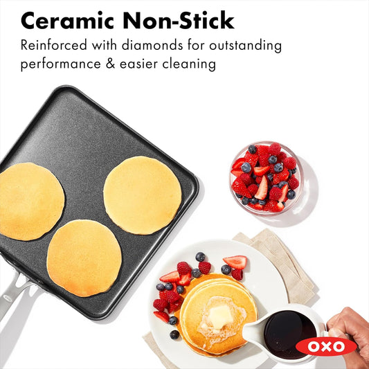 OXO Enhanced 11" Griddle Pan, Pfas-Free Ceramic Nonstick, Durable Hard Anodized Cookware, Scratch Resistant, Stainless Steel Handle, Good Grips, Dishwasher Safe, Oven Safe, Black