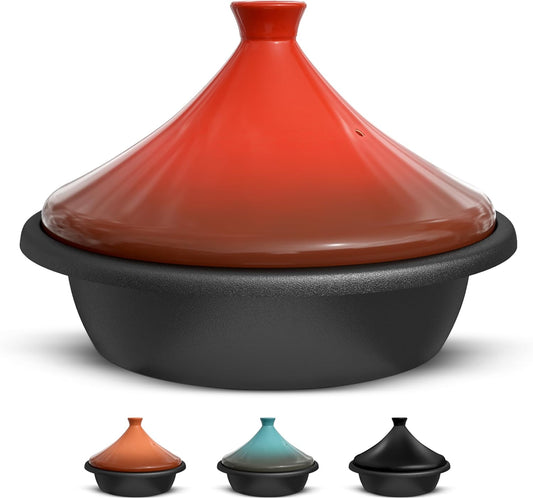 Kook Moroccan Tagine, Enameled Cast Iron Cooking Pot, Tajine with Ceramic Cone-Shaped Closed Lid, 3.3 QT, (Crimson)