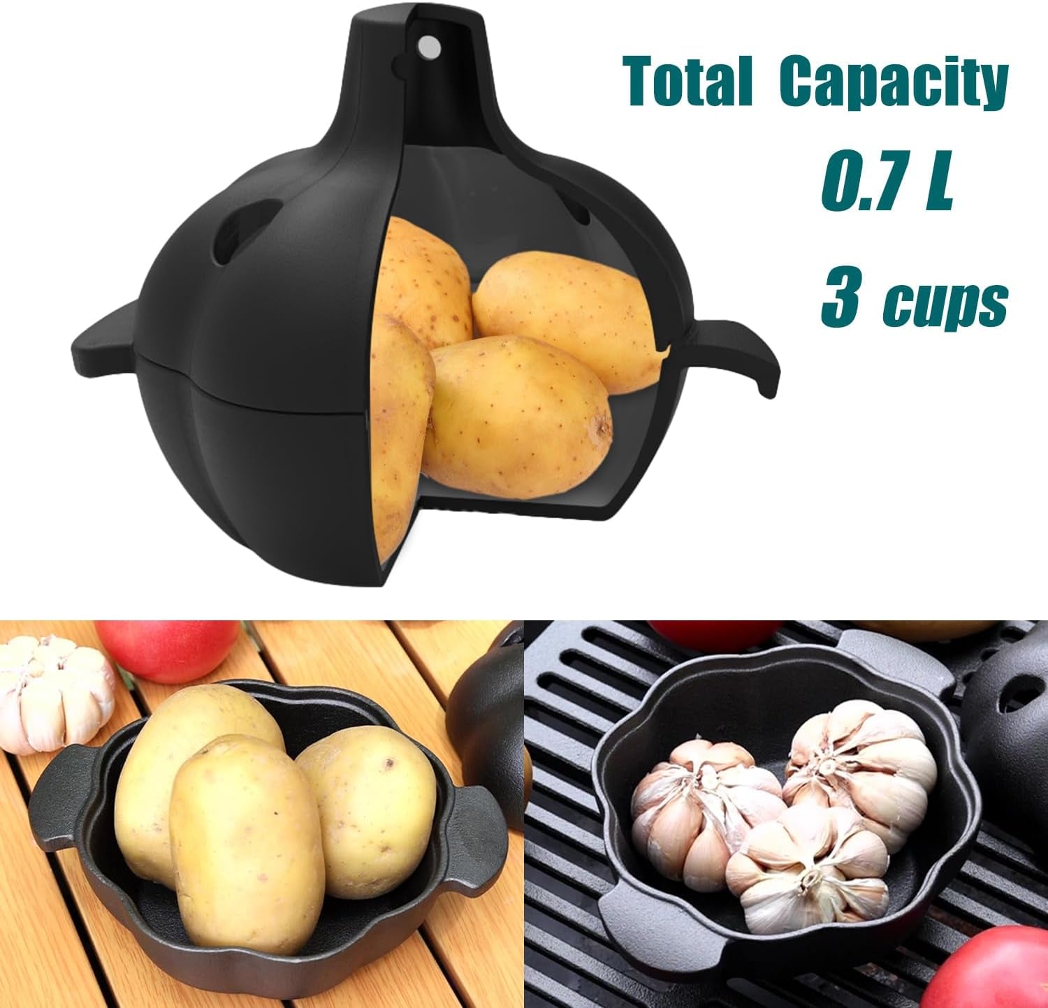 Cast Iron Garlic Roaster with Handle, Smoker Roaster, Garlic Cooker, Garlic Baker, Garlic Roasting Pot, Potato Baker, Mini Cocotte, Used in the Kitchen Oven or Outdoors on a BBQ Grill Stove