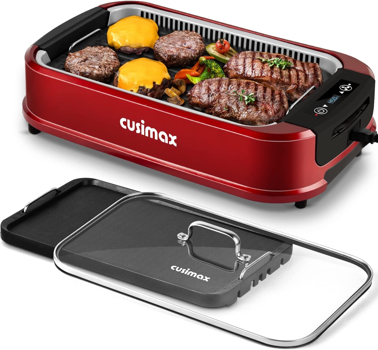 Indoor Grill, CUSIMAX Smokeless Grill Indoor, Electric Grill Griddle, 1500W Korean BBQ Grill with LED Smart Display & Tempered Glass Lid, Non-Stick Removable Grill Plate & Griddle Plate, Red