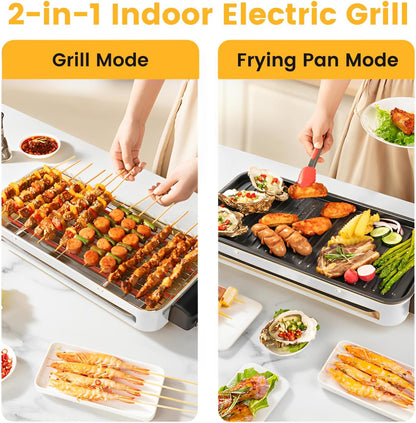 Electric Indoor Grill 1500W, YOHAWJAN 2 in 1 Smokeless Indoor Grills with Non-Stick Removable Grill & Griddle Plate, Temperature Control, Portable Korean BBQ Grill with 3 Raclette Cheese Pans