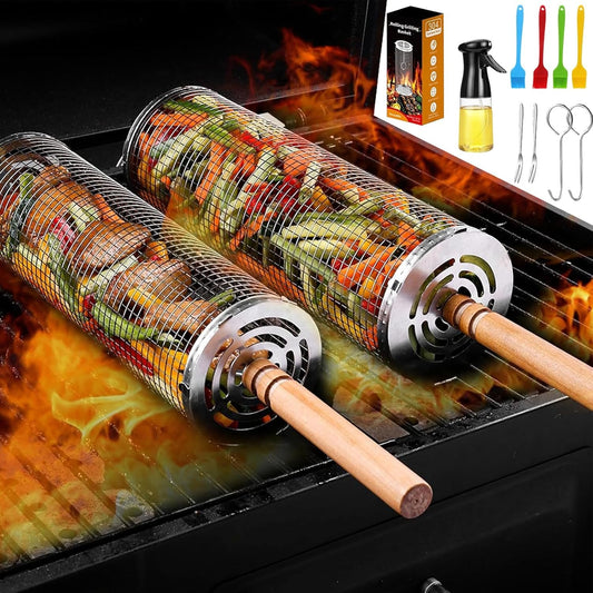 Rolling Grilling Baskets for Outdoor Grill 2 Pcs,Removable Wooden Handle,Perfect Gifts for Men Dad Husband,Portable Camping Nesting Grill Baskets for Fish, Shrimp, Meat, Vegetables