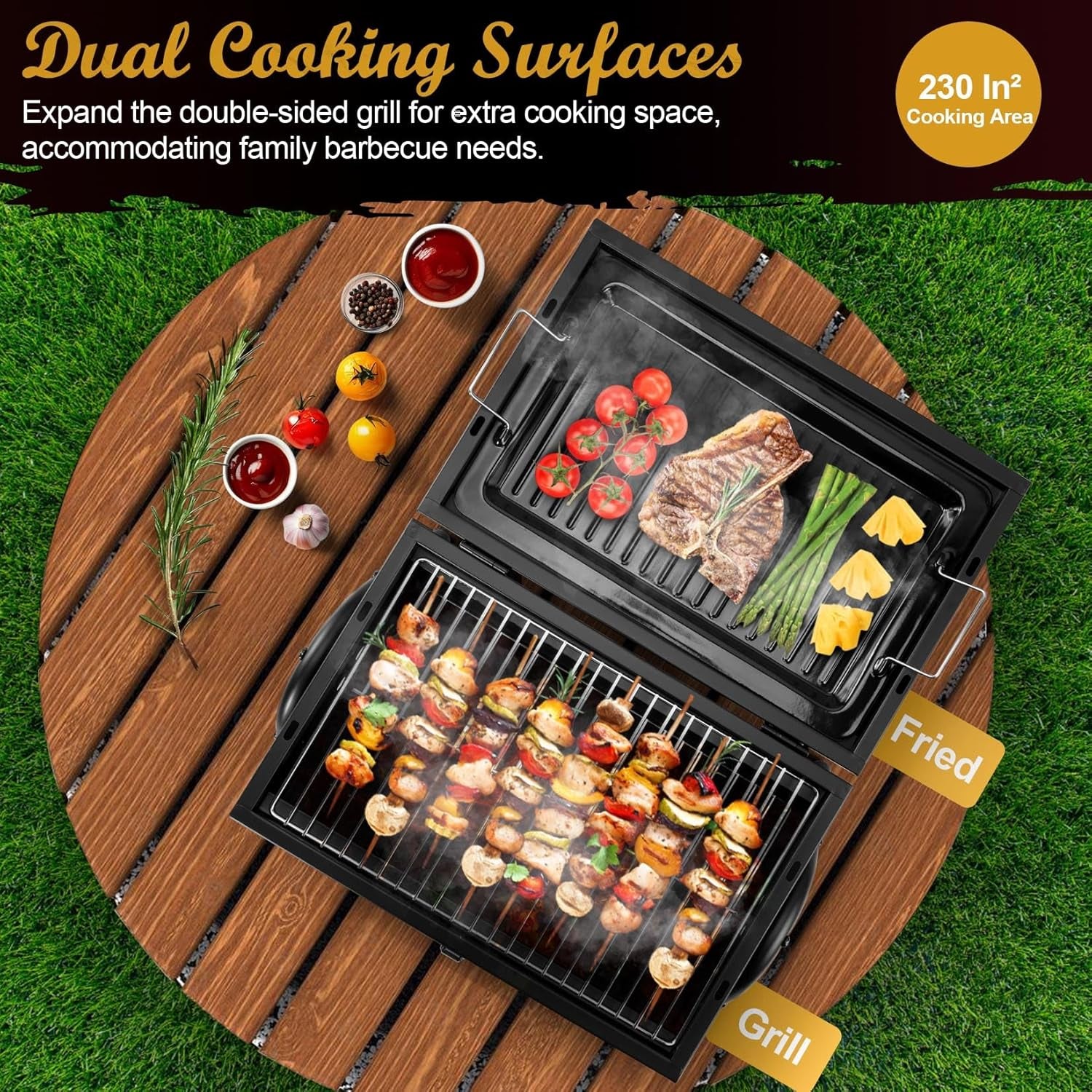 Joyfair Portable Charcoal Grill (2 in 1 Double-Sided), Small Tabletop Barbecue Grill with Food Tray & Rack for Outdoor Camping Home Patio BBQ Grilling, Heavy Duty & Multi-Use, Easy Assembly (230Sq.In)