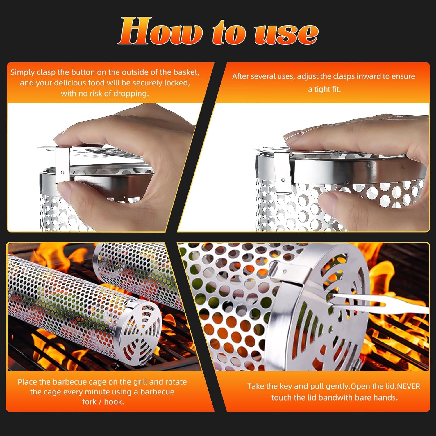 Grill Basket for Outdoor Camping,Bbq Grill Basket, Rolling Grilling Basket, Stainless Steel Grill Mesh Barbeque Grill Accessories, Portable Grill Baskets for Fish, Meat, Gifts for Men Dad Husband