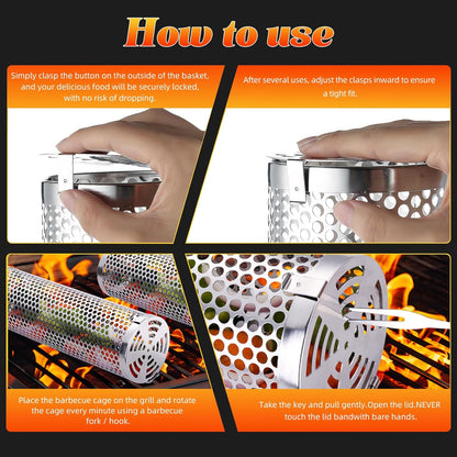 Grill Basket for Outdoor Camping,Bbq Grill Basket, Rolling Grilling Basket, Stainless Steel Grill Mesh Barbeque Grill Accessories, Portable Grill Baskets for Fish, Meat, Gifts for Men Dad Husband
