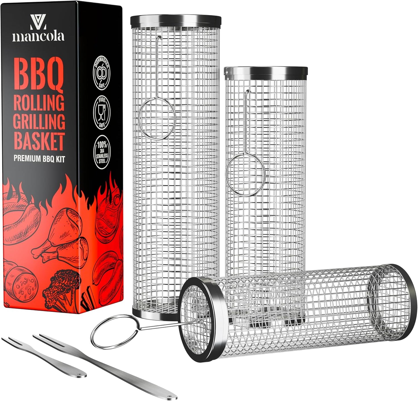BBQ Net Tube-Rolling Grilling Basket,Rolling Grilling Baskets for Outdoor Grilling,Round Stainless Steel BBQ Grill Mesh, Camping Barbecue Rack for Vegetables, French Fries, Fish