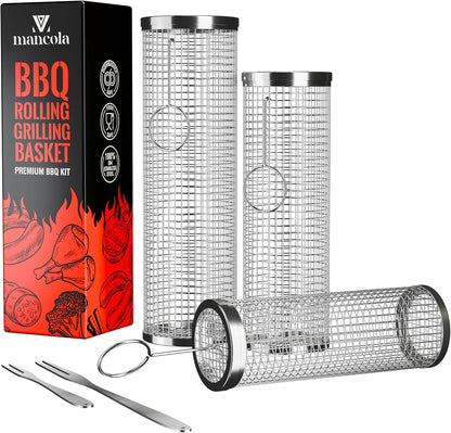 BBQ Net Tube-Rolling Grilling Basket,Rolling Grilling Baskets for Outdoor Grilling,Round Stainless Steel BBQ Grill Mesh, Camping Barbecue Rack for Vegetables, French Fries, Fish