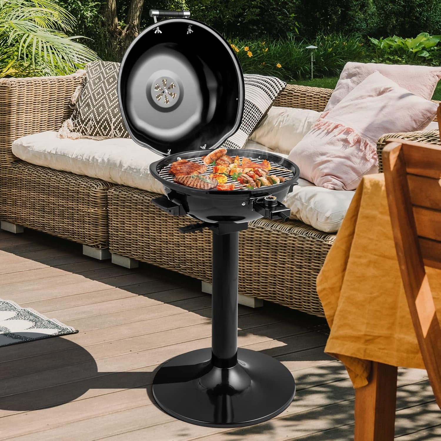 COSTWAY Electric BBQ Grill, Portable Grill with Metal Cooking Grilling Rack, Detachable Temperature Control & Removable Grease Collector, Outdoor Freestanding Grill for Camping &Tailgating (Black)