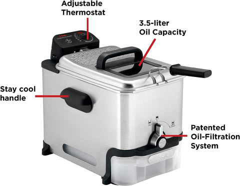 Image of T-Fal 3.5L Deep Fryer with Oil Filtration System: 1700W Stainless Steel Fryer, Dishwasher Safe Parts, Digital Timer, Adjustable Temperature Control for Perfect Golden Crispy Results