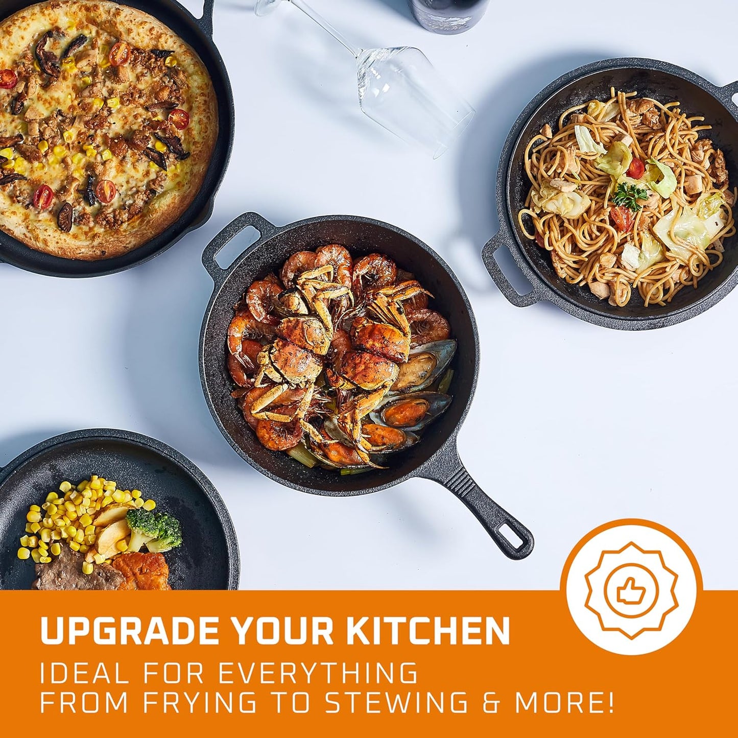 Pre Seasoned 6 Pcs Pots and Pans Set - Bruntmor Double Dutch Oven Crockpot - Cooking Set - Cast Iron Skillets and Square Grill Pan with Lid - Outdoor Camping Cookware - Kitchen Accessories