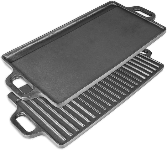 Prosource 2-In-1 Reversible 19.5” X 9” Cast Iron Griddle with Handles, Preseasoned & Non-Stick for Gas Stovetop, Oven and Open Fire.