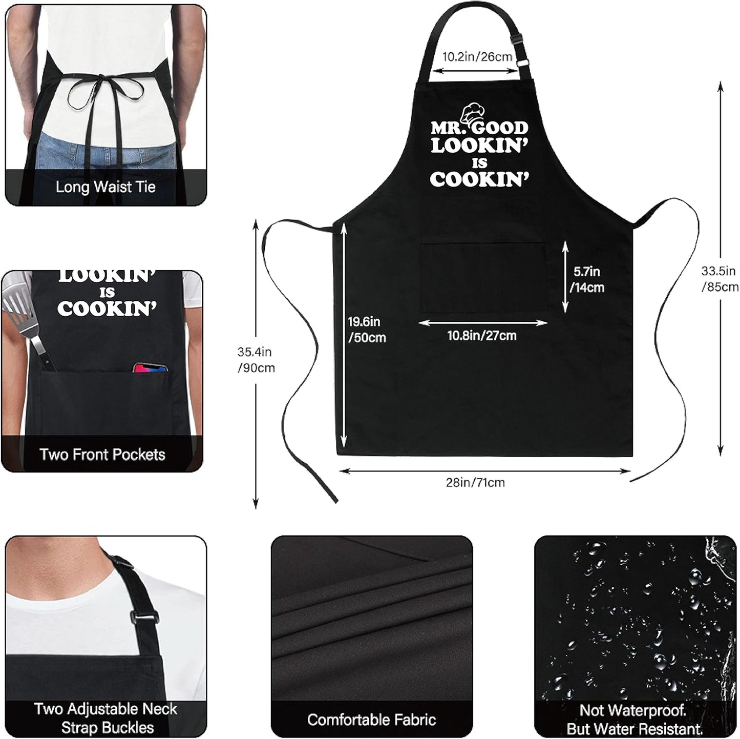 Xornis 100% Cotton Funny Apron with 2 Pockets for Men Women BBQ Grilling Adjustable Bib Black Aprons Gifts Cooking Kitchen
