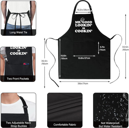 Xornis 100% Cotton Funny Apron with 2 Pockets for Men Women BBQ Grilling Adjustable Bib Black Aprons Gifts Cooking Kitchen