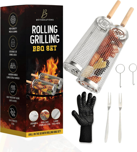 Lockable Nesting Grill Baskets for Outdoor Grill(2Pcs) - Detachable Handle - Hinge Lock Lid - Heavy Duty Stainless Steel Rolling Grilling Basket - Vegetable Grill Basket - Perfect BBQ Gift & Accessory