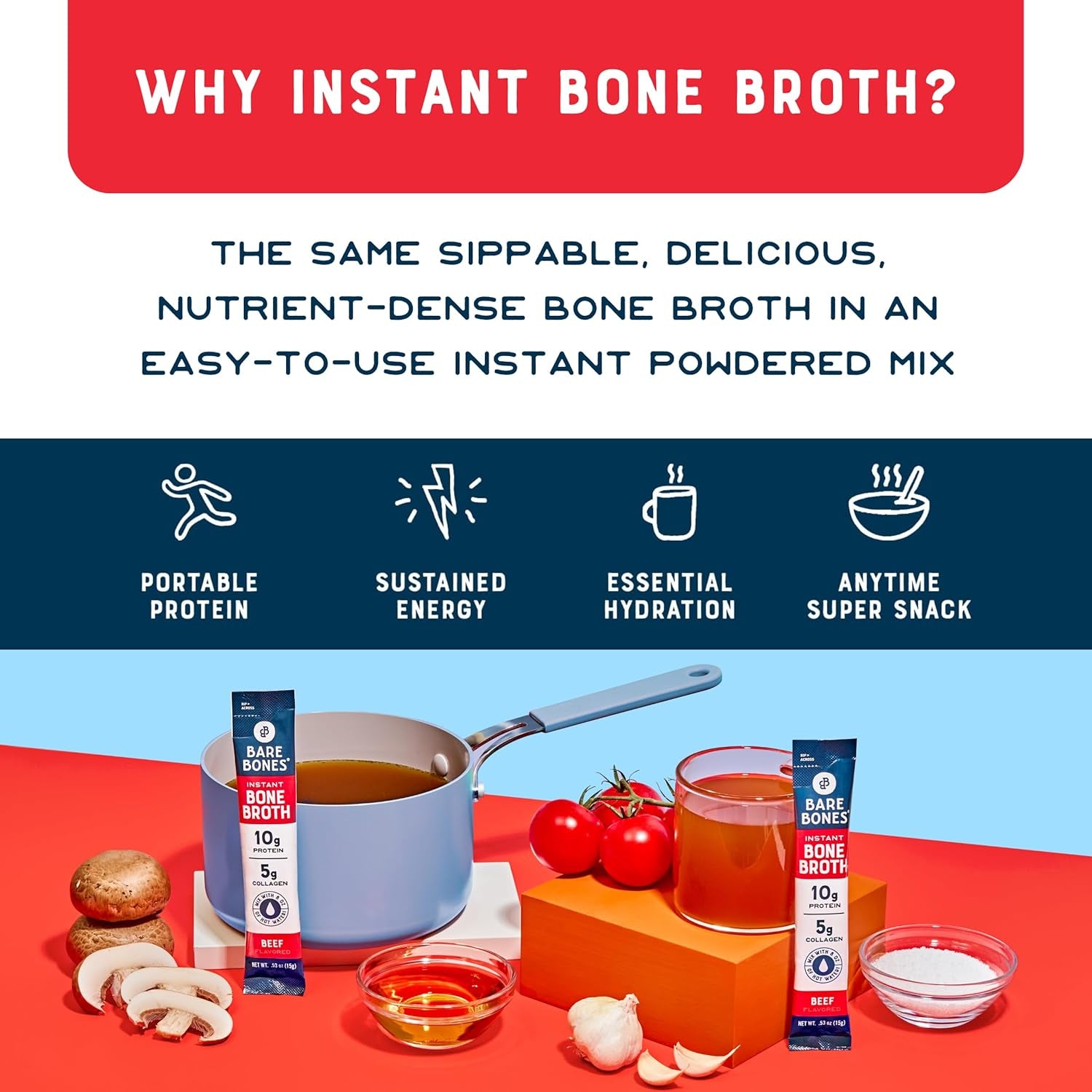 Bare Bones Beef Bone Broth Instant Powdered Mix | Rich Savory Packets On-The-Go No Artificial Flavors | 100% Grass Fed Keto & Paleo Friendly | 10G Protein | 16 Pack
