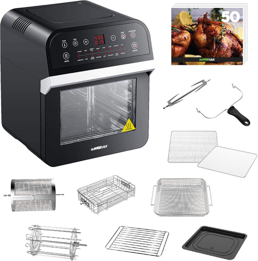 Gowise USA GW44800-O Deluxe 12.7-Quarts 15-In-1 Electric Air Fryer Oven with Rotisserie and Dehydrator + 50 Recipes QT, Black/Silver