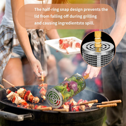 Grill Basket, Stainless Steel Grilling Accessories,Rolling Grill Baskets for Outdoor Grill with Wooden Handle, Practical Grilling Gifts for Men,Bbq Accessories Tool for Vegetable Shrimp, Outdoor Cooking Camping, Birthday Gifts for Men Dad Husband