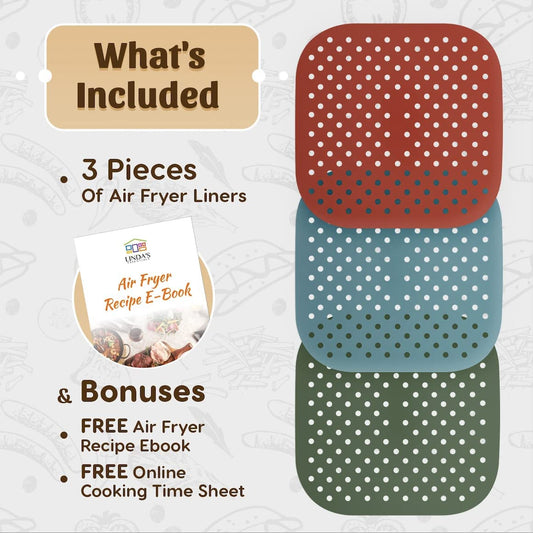 Reusable Square Silicone Air Fryer Liners (8.5 Inch, 3 Pack) by Linda’S Essentials - Non-Stick, Easy-Clean Accessories with Cheat Sheet & Recipe Book, Perfect for Quick Meals