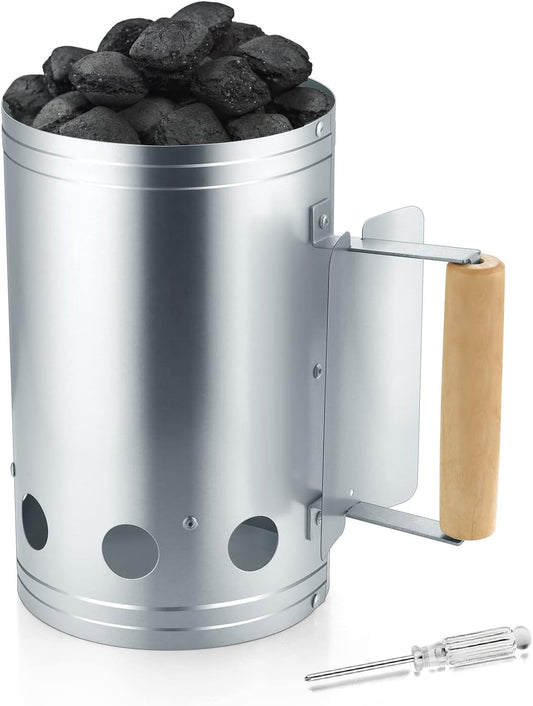 Hasteel Charcoal Chimney, 10.6X6.7 Inch Heavy Duty BBQ Chimney Starter for Outdoor Grilling Barbecue Camping, Quick Rapid Fir Briquette Coal, Heat Resistant Wooden Handle & Screwdriver