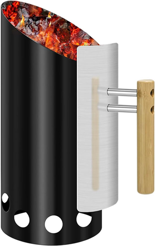 Charcoal Chimney Starter Double Enameled Chimney Starter Charcoal Chimney with Heat Shield & Wood Handle Great Heat Insulation Coal Starter for Grill Easy Grip Charcoal Starter, Black