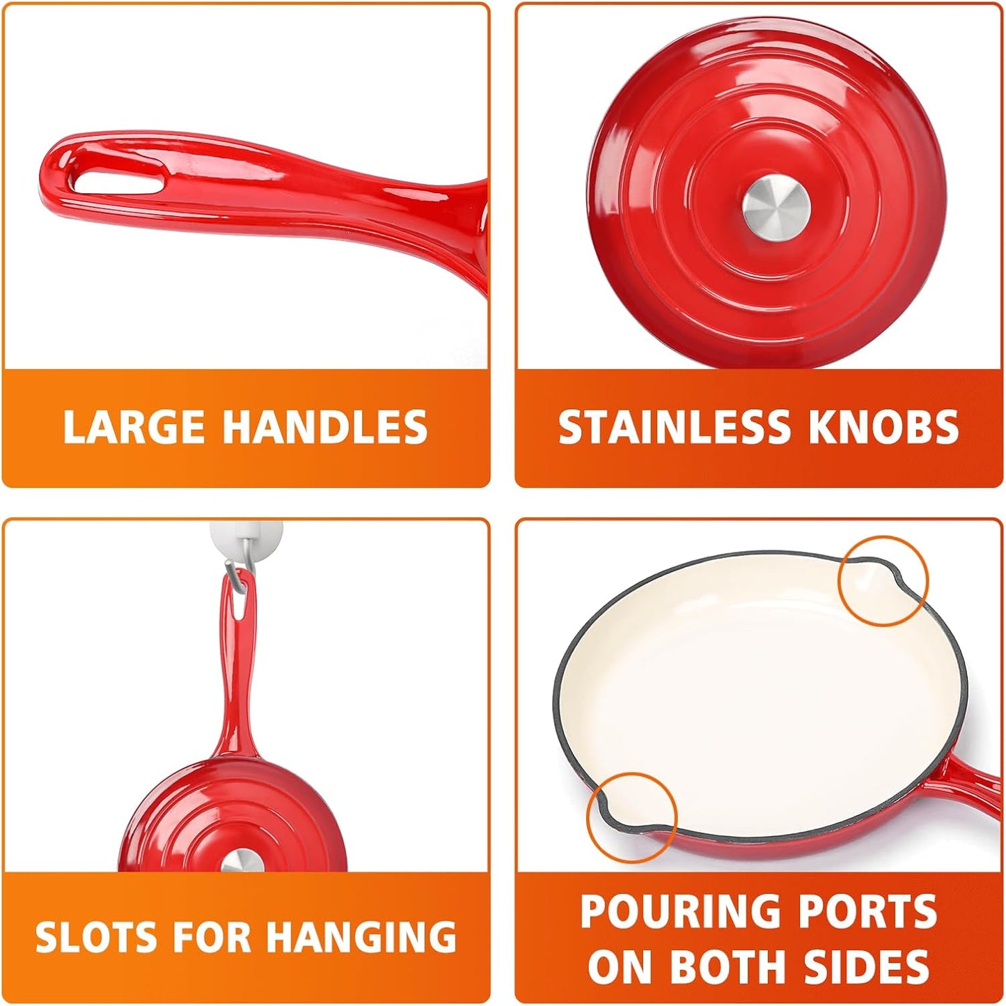 Hisencn Enameled Cast Iron Cookware Set - 7 Piece Set of Dutch Ovens, Sauce Pan, Skillet, 3 Lids, Dutch Oven Set, Ceramic Coated Cast Iron, Heavy Duty, Gas/Induction Compatible, PFA Free (Rouge Red)