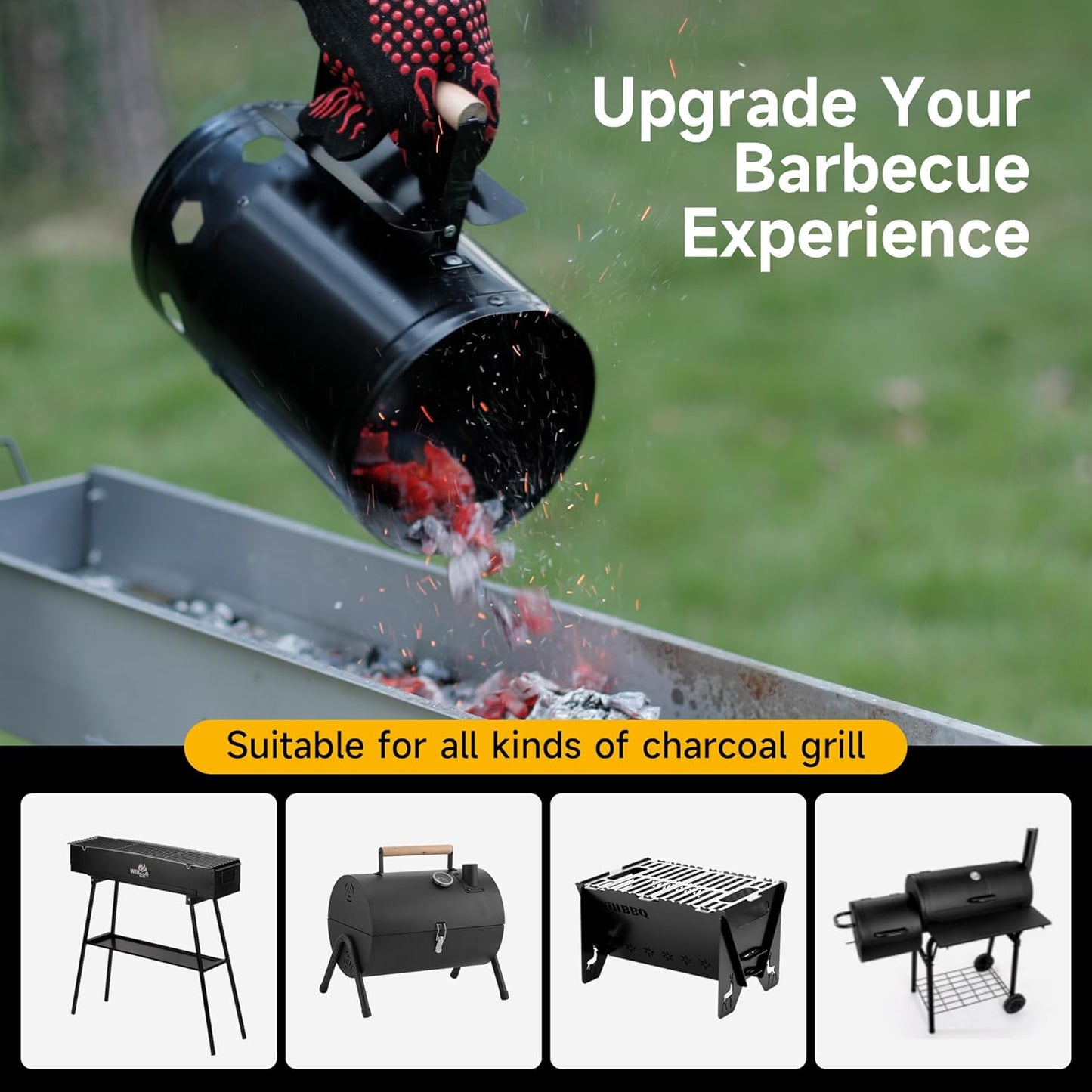 Charcoal Chimney Starter, Heavy Duty Premium Chimney Starter for Charcoal Grills BBQ Accessory with Heat Resistant Wooden Handle for Outdoor Grill Camping (‌Black)