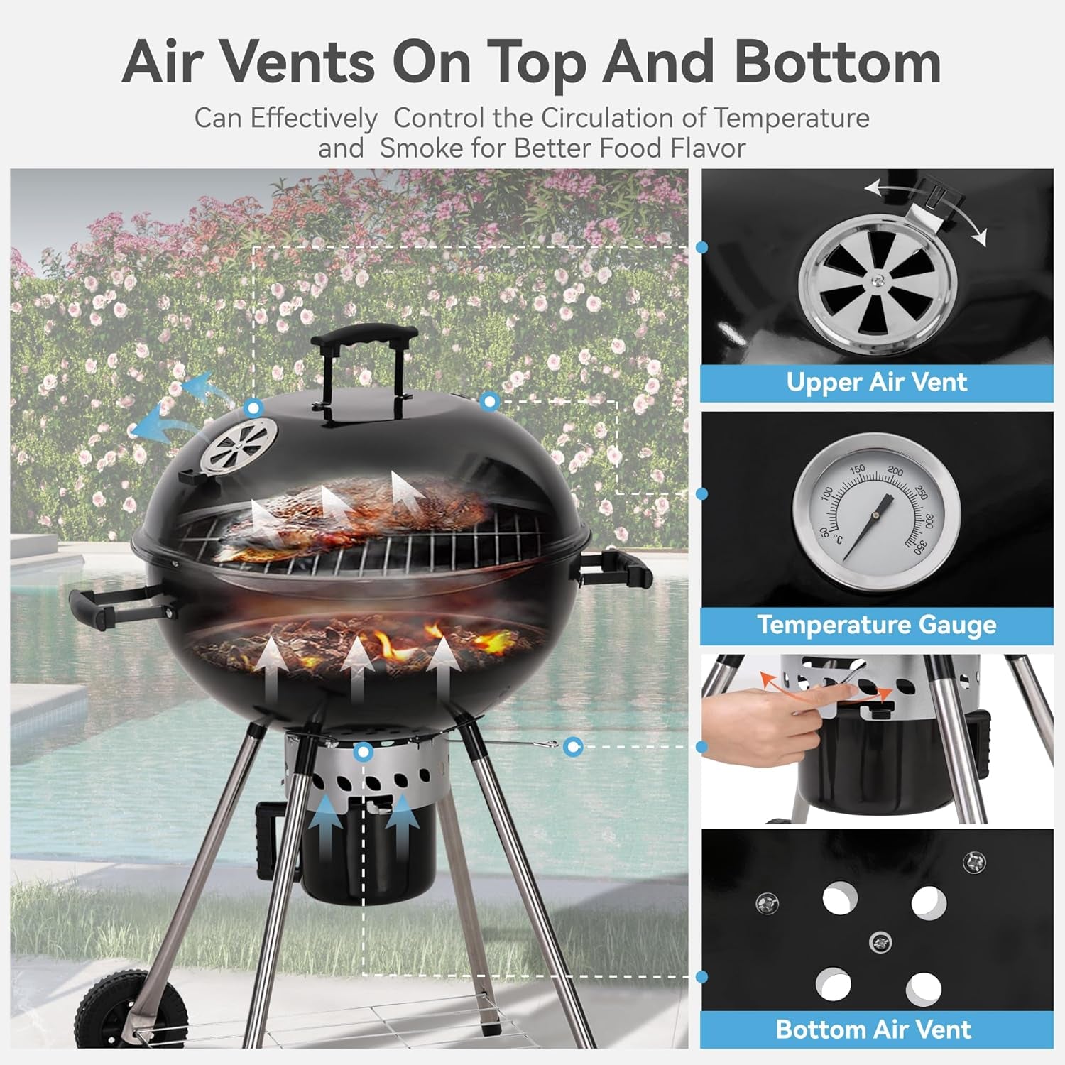 GREEN PARTY 22 Inch Kettle Charcoal BBQ Grill with Wheels, Portable Charcoal Grill with Porcelain-Enameled Lid & Ash Catcher for Outdoor Cooking Barbecue Camping Picnics Tailgating