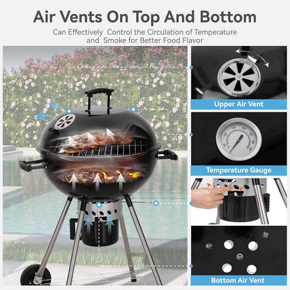 GREEN PARTY 22 Inch Kettle Charcoal BBQ Grill with Wheels, Portable Charcoal Grill with Porcelain-Enameled Lid & Ash Catcher for Outdoor Cooking Barbecue Camping Picnics Tailgating