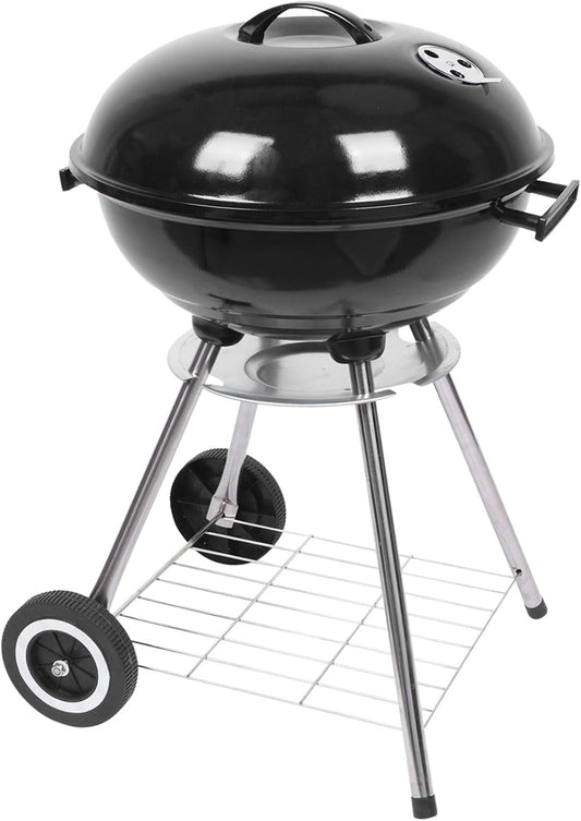 18“ Charcoal Grill with Wheels for Outdoor Cooking Barbecue Camping BBQ Coal Kettle Grill Tailgating Portable Heavy Duty round with Thickened Grilling Bowl Wheels, Black
