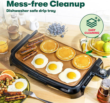BELLA Griddle Ceramic Copper TI, Healthy-Eco Non-Stick Coating, Hassle-Free Clean Up, Large Submersible Cooking Surface, 10" X 16", Copper/Black