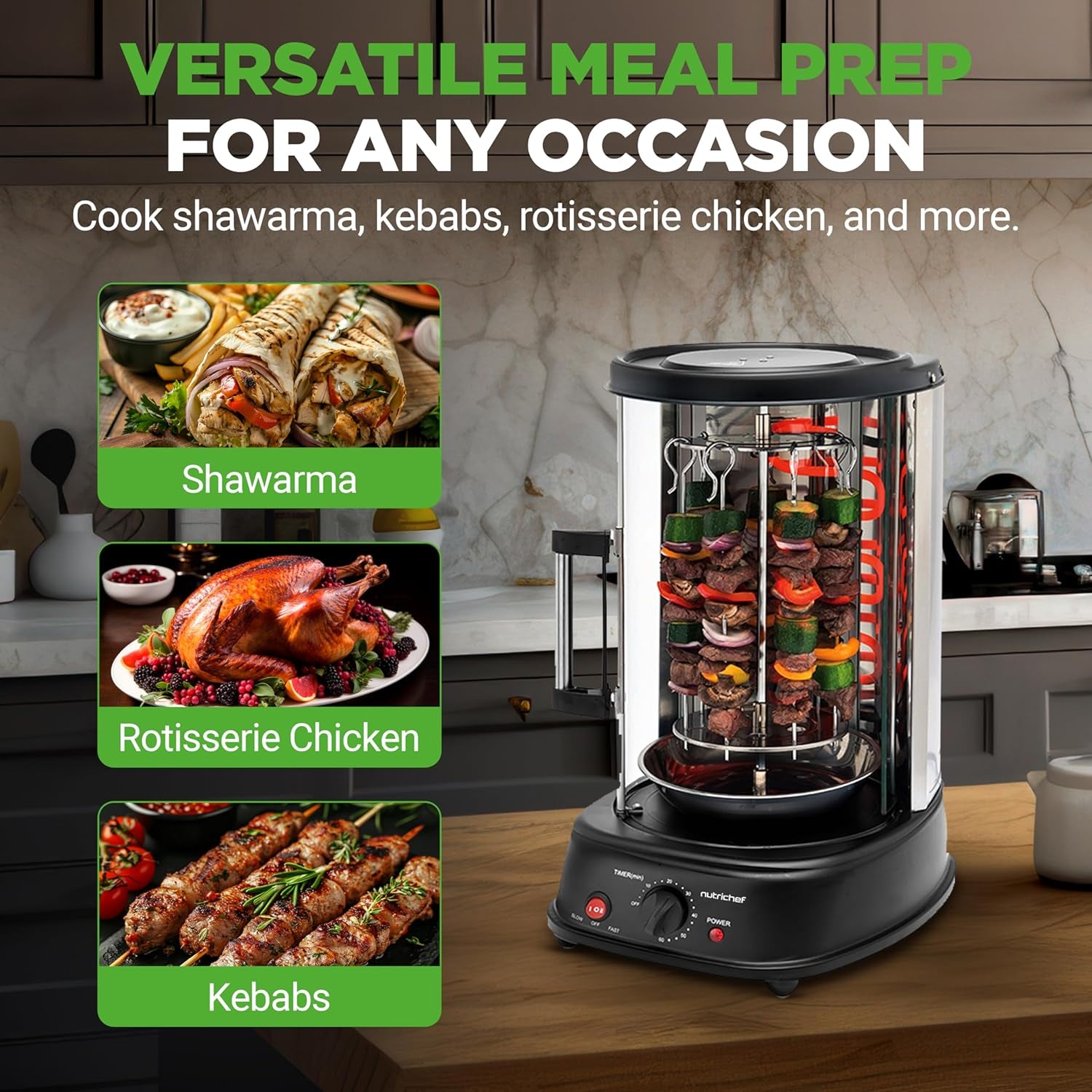 Nutrichef Vertical Rotating Turkey & Shawarma Oven | Rotisserie, Shawarma, & Kebab Machine | Stain-Resistant, Energy-Efficient | Heat-Resistant Door | Includes Kebab Rack & 7 Skewers | Stainless Steel