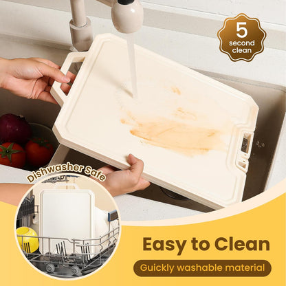 Double Sided Cutting Boards for Kitchen-16X 12 Inch 304 Stainless Steel & Wheat Straw PP Cutting Board for Meat/Vegetable-Non Slip,Dishwasher Safe and Scratch Resistant Chopping Board Beige