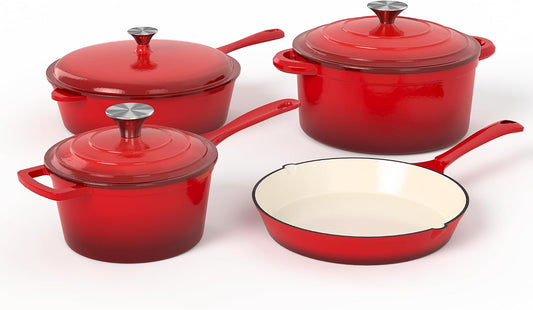 MAISON ARTS Enamel Cast Iron 7 Piece Cookware Set, Heavy Duty Dutch Ovens Pot with Lid, Red Non Stick Pots and Pans Sets, Oven Safe up to 500°F