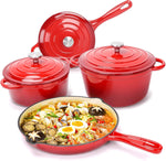Hisencn Enameled Cast Iron Cookware Set - 7 Piece Set of Dutch Ovens, Sauce Pan, Skillet, 3 Lids, Dutch Oven Set, Ceramic Coated Cast Iron, Heavy Duty, Gas/Induction Compatible, PFA Free (Rouge Red)